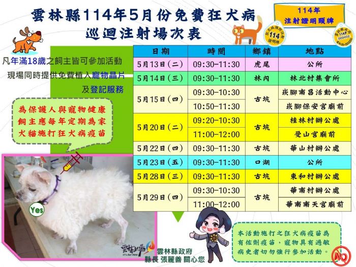 雲林縣免費狂犬病疫苗巡迴注射活動即將啟動，守護動物與民眾健康