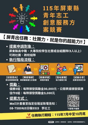 屏東縣「青年志工創意服務競賽」最高獎金3萬元，邀請學子熱血挑戰