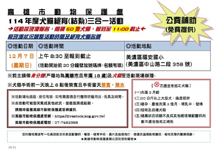 高雄毛孩幸福行動！12/7美濃區免費犬貓三合一絕育活動登場