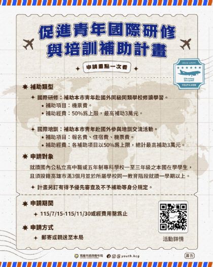 高雄青年勇敢走向世界！海外研修培訓最高補助3萬元