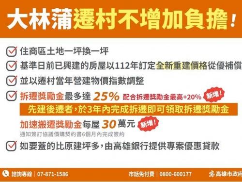 高雄市長陳其邁積極推動大林蒲遷村計畫，為民眾爭取更優惠條件