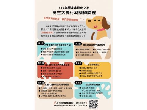 飼主犬隻行為訓練課程開課啦！報名即日起至6月8日