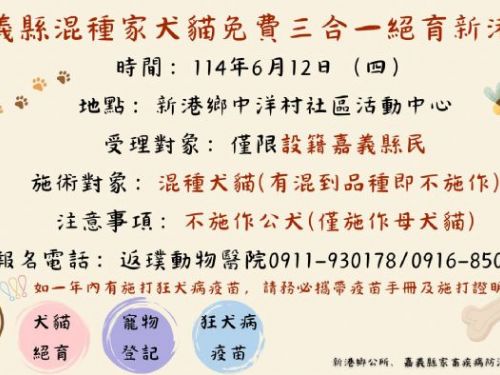 6/12 嘉義縣「家犬貓下鄉絕育三合一活動」——新港場開跑，愛心與關懷同行！