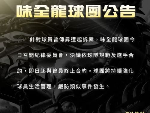 味全龍球團聲明：強化管理，終止球員合約