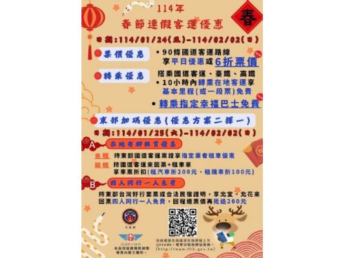 春節期間國道客運、臺鐵與高鐵聯合推出超值票價優惠，讓返鄉更輕鬆便捷！