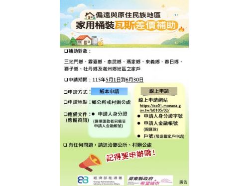 屏縣115年度「偏遠與原住民族地區家用桶裝瓦斯」差價補助開跑