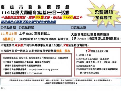 毛孩健康大升級！高雄大樹區「犬貓三合一絕育活動」登場，免費晶片、疫苗與健康諮詢一次到位