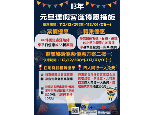 「元旦連假祭好康」 搭客運打85折 遊東部4人同行1人免費