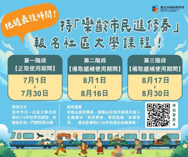 北市樂齡市民進修券7月底截止使用，抓緊機會與社區大學共築終身學習樂園！