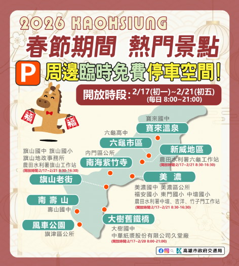 115年春節出遊免煩惱，高雄熱門景點周邊開放臨時停車空間