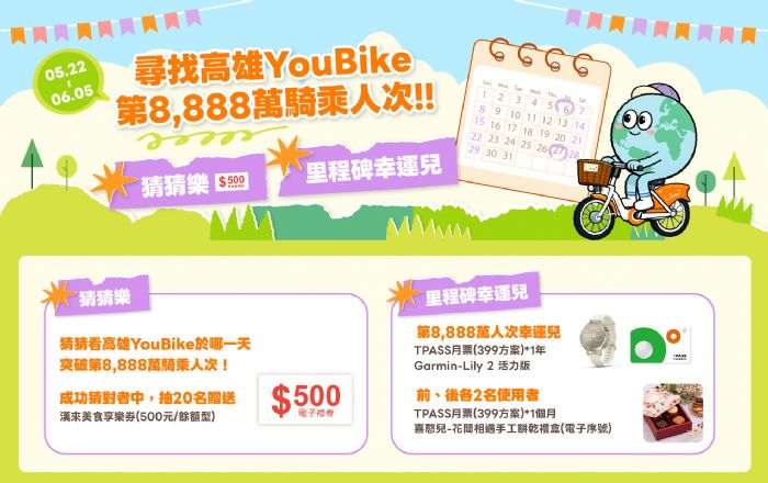 高雄綠色運輸再創巔峰！YouBike 即將突破 8,888 萬騎乘人次！萬元幸運大獎等你來拿